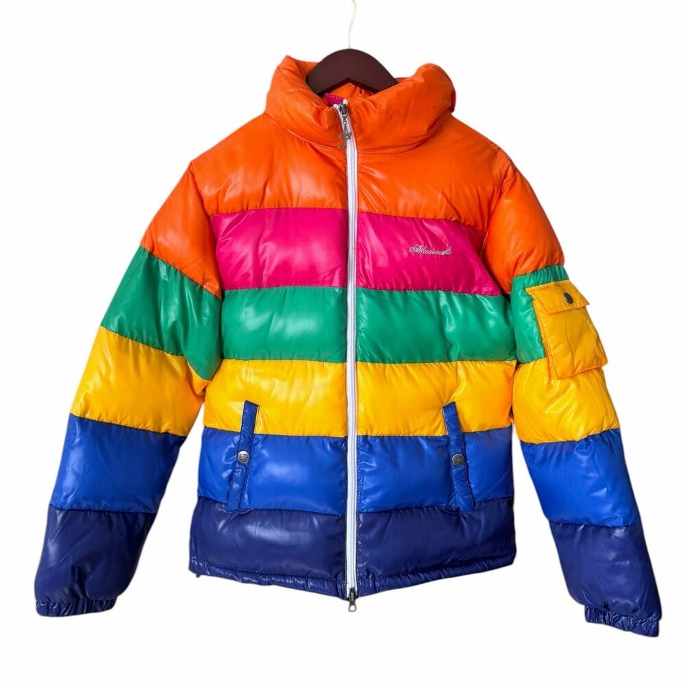 Akademiks Y2K Rainbow Puffer Jacket Men's XL Color Block Streetwear Hip Hop Coat